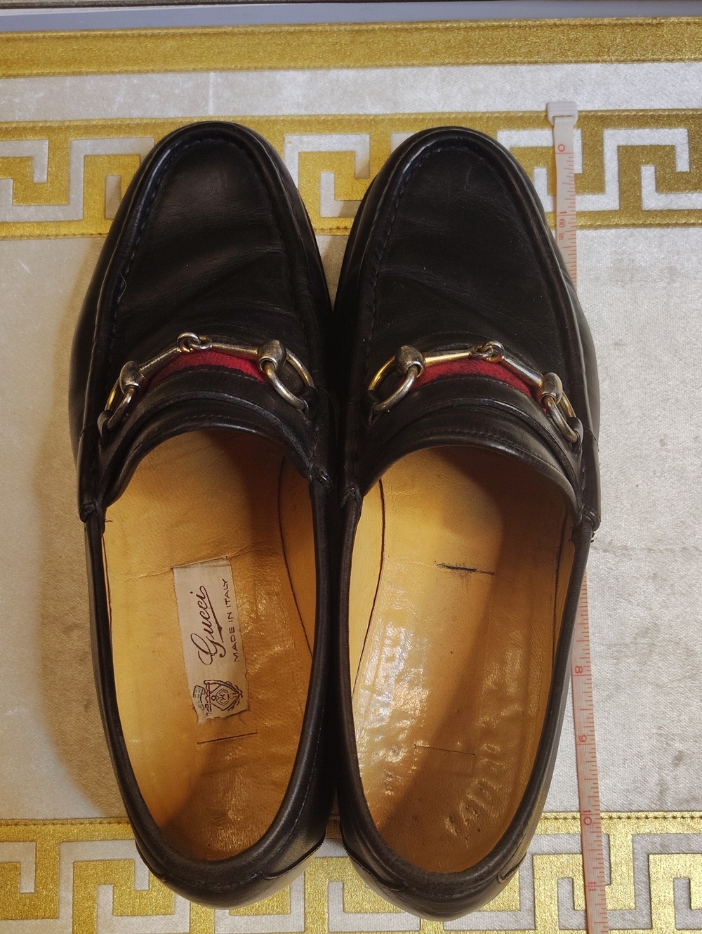 Vintage 1950's Gucci Black Leather Horsebit Loafers with Red Stripe Size 42